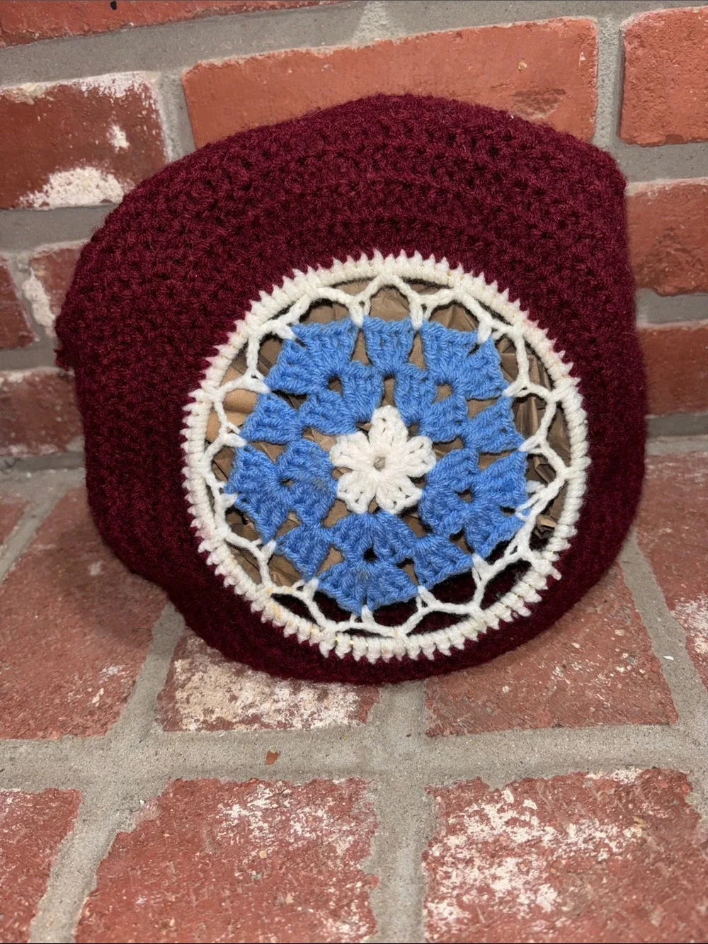 Handmade Boho Crochet Round Wristlet Bag in Burgundy with Blue & Cream Accent